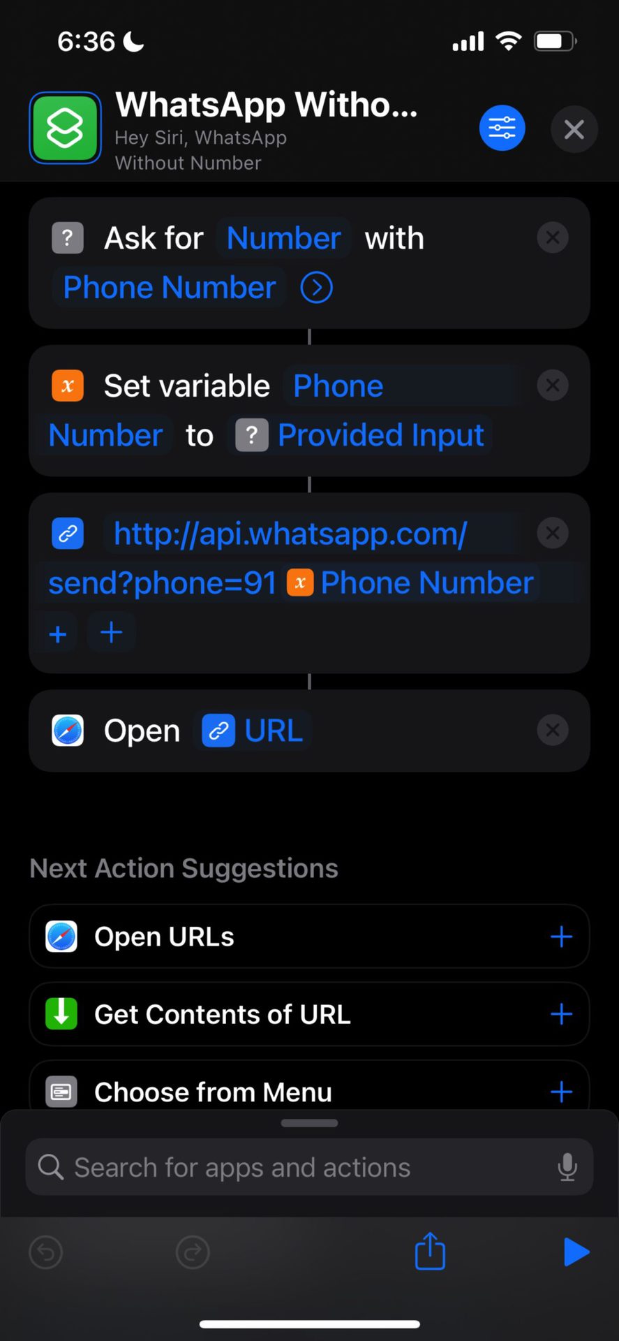 Criar um atalho no iOS para enviar uma mensagem no WhatsApp sem salvar um contato