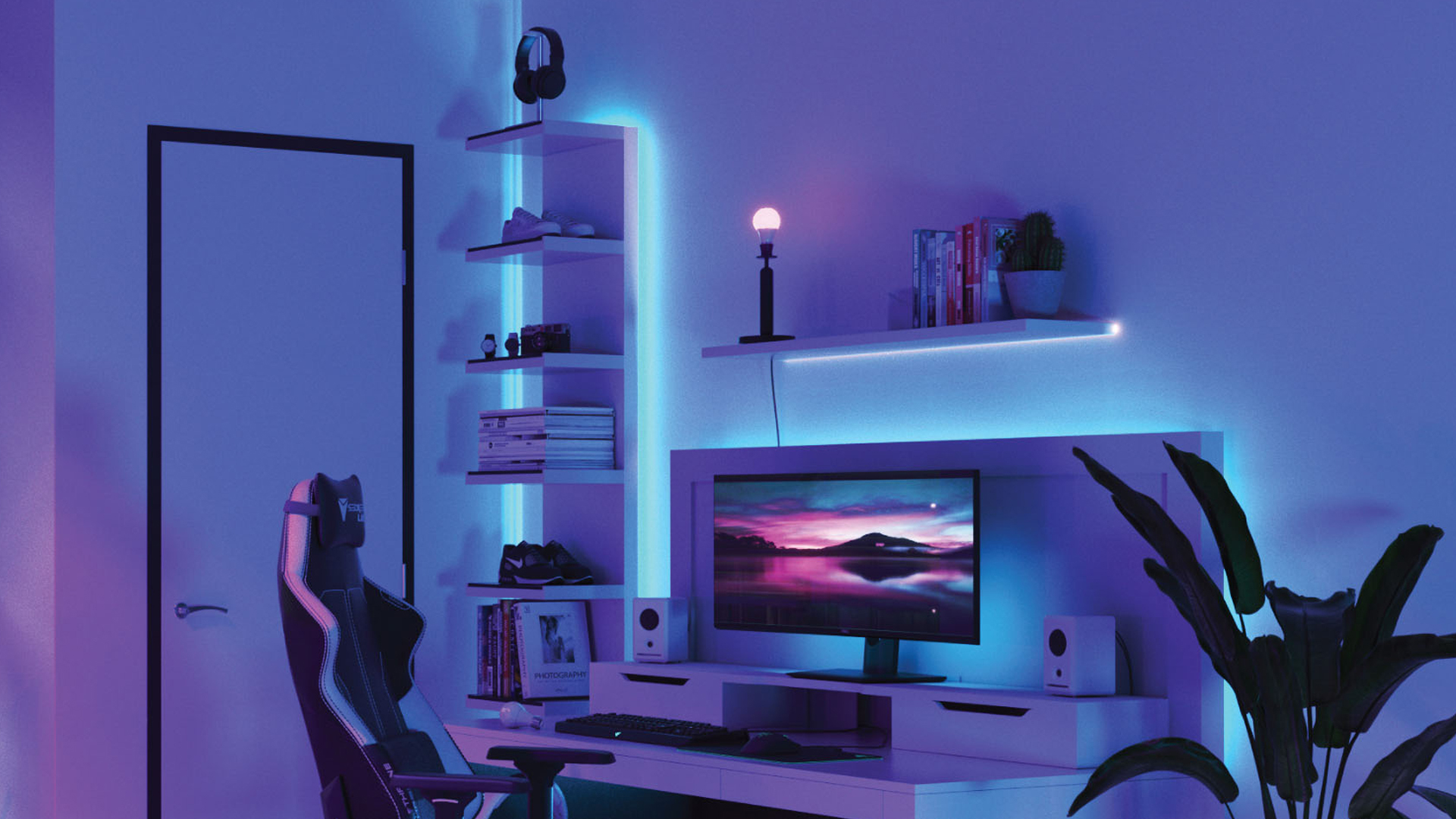 Lâmpadas Nanoleaf Essentials e Lightstrips em um escritório em casa