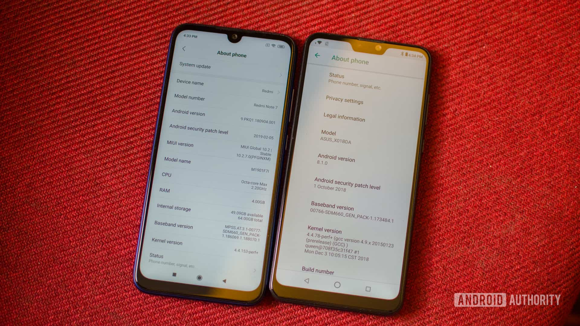 Redmi Note 7 vs Asus Zenfone Max Pro M2 sobre a página nos dois telefones