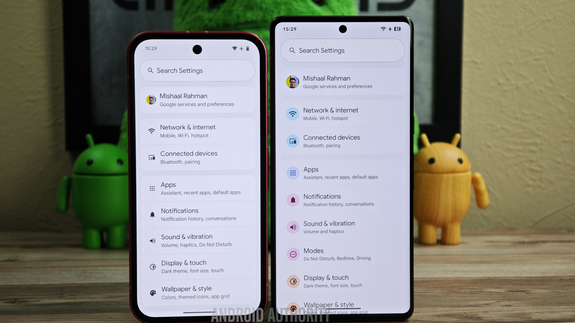 Página inicial antiga vs novas configurações no Android