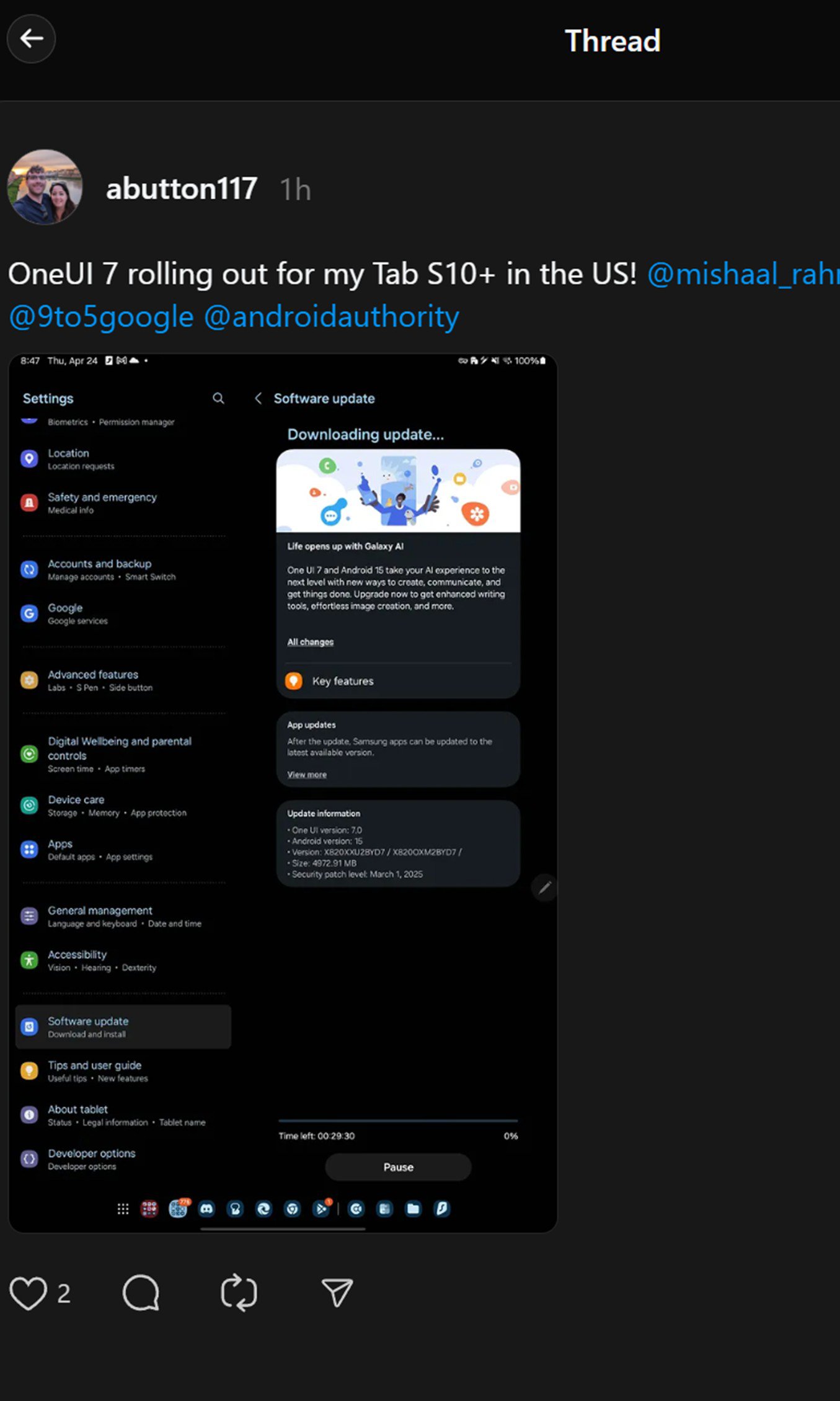 Samsung One UI 7 Update Galaxy Tab S10 Plus threads Post