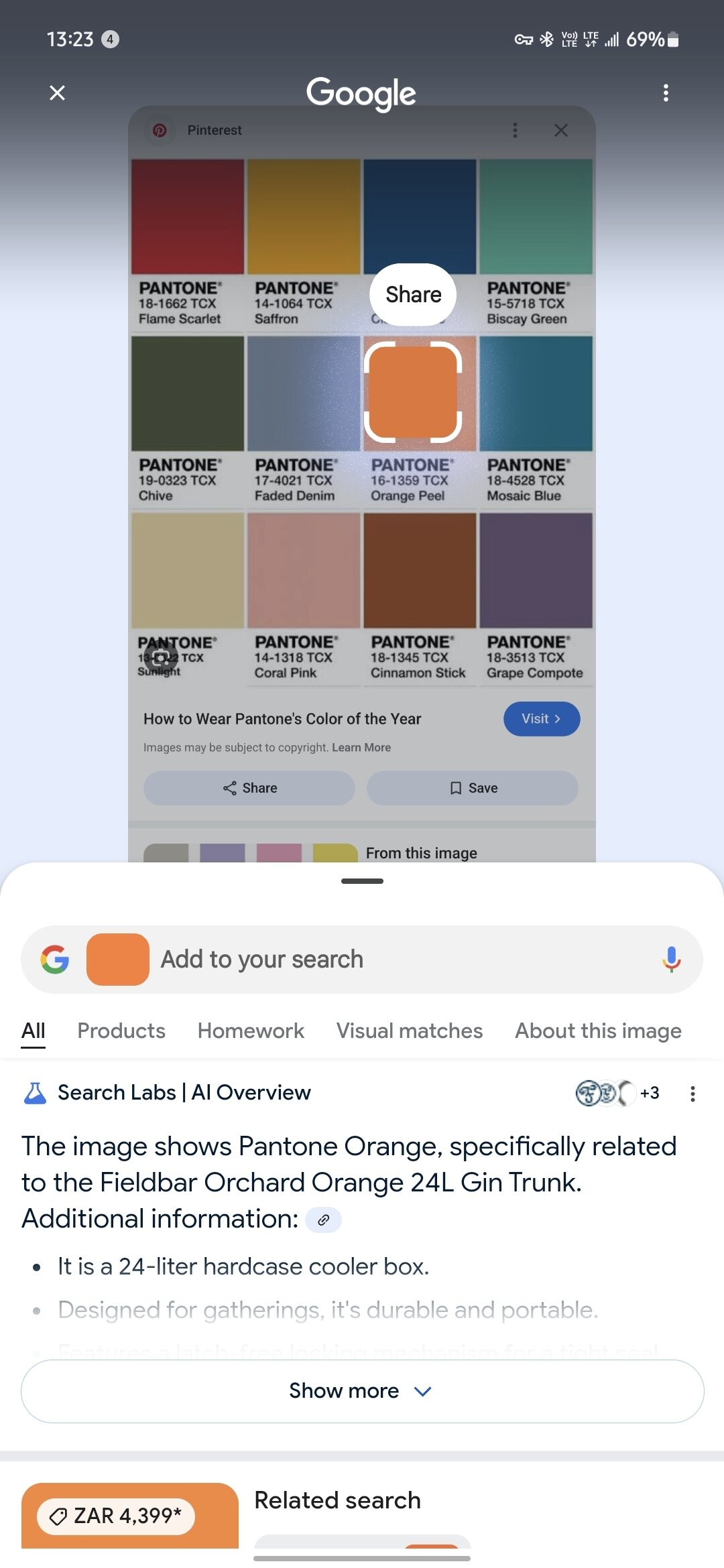 Círculo para pesquisar o teste Pantone 1