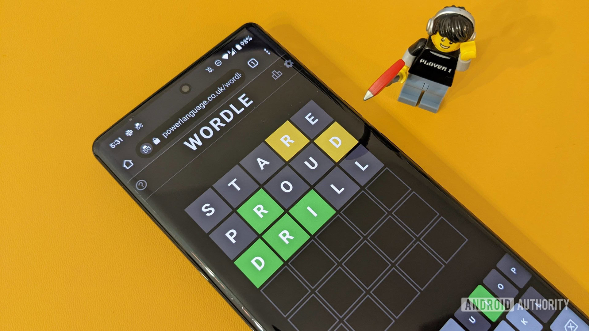 Captura de tela do Wordle Game Running em um Pixel 6 Pro com um personagem LEGO Player