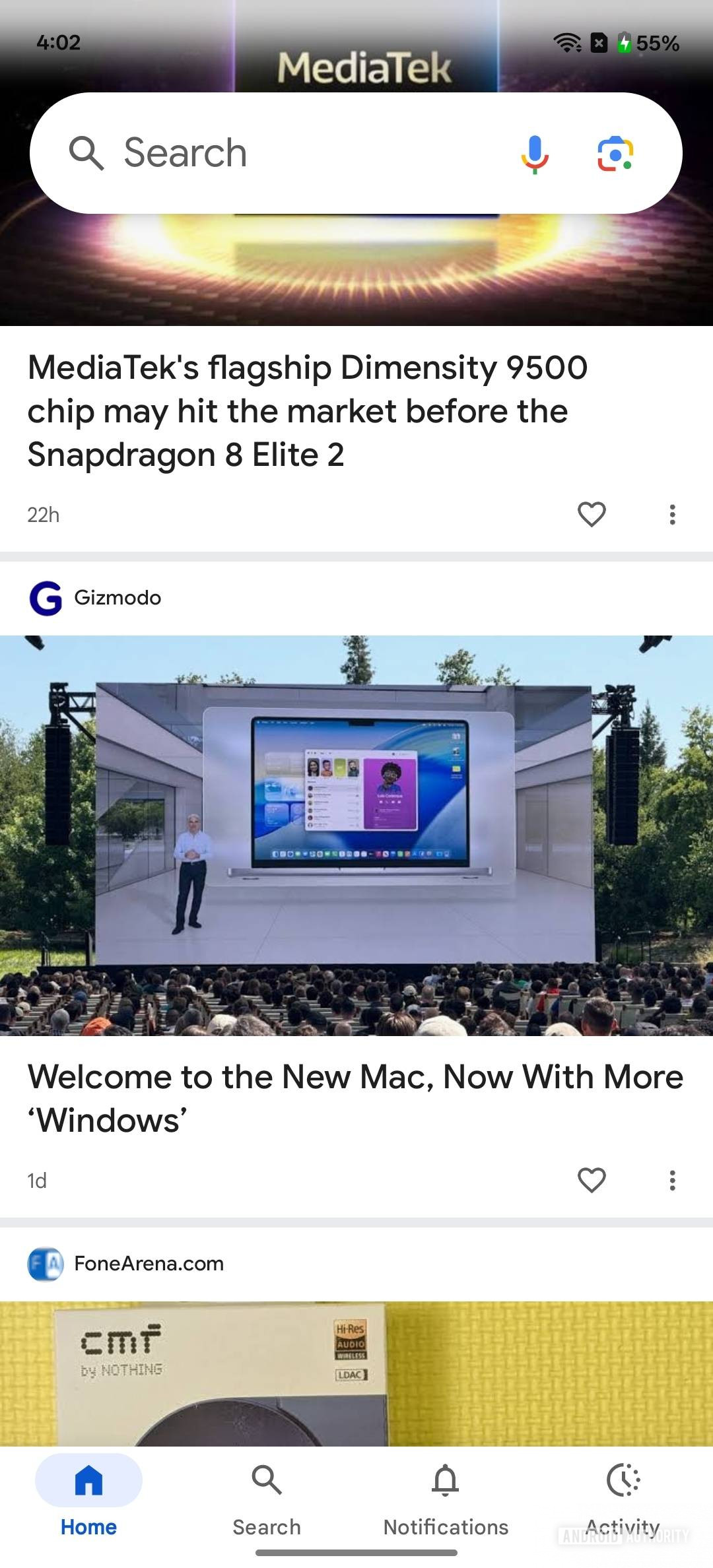 Capturas de tela do Google App mostrando um novo padrão de barra de status translúcida 1