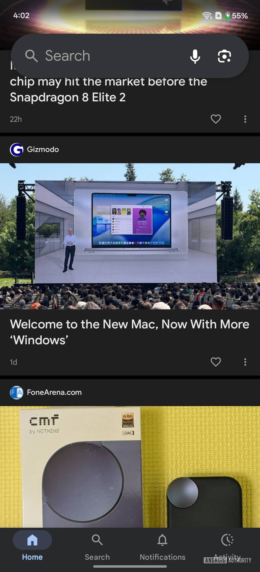 Capturas de tela do Google App mostrando um novo padrão de status translúcido 2 Background 2