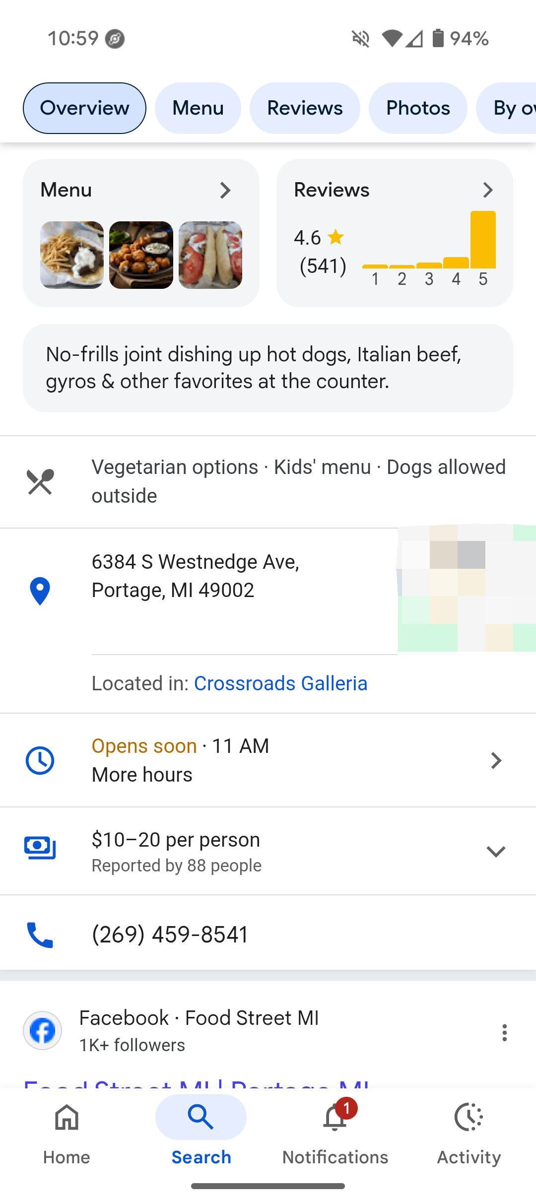 Resultado da pesquisa do Google para um restaurante.