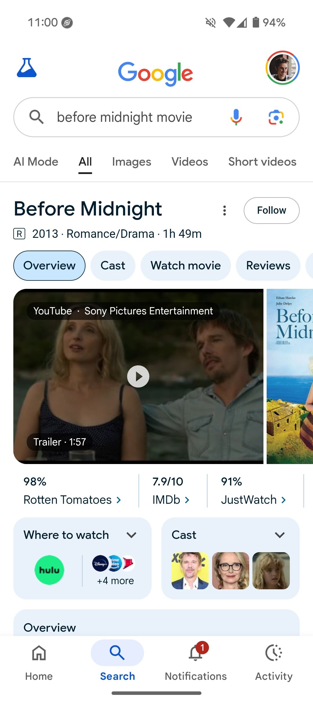 Resultado da pesquisa do Google para o filme "Antes da meia -noite."