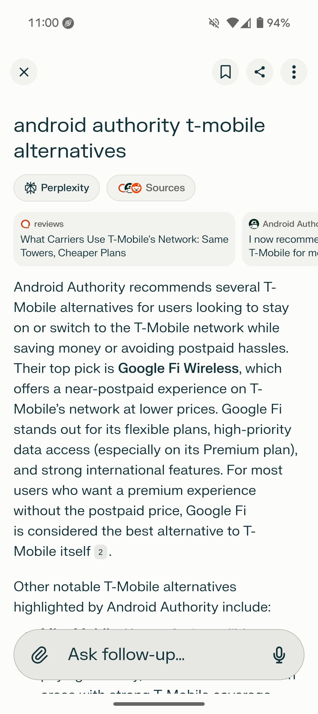 Resultado da pesquisa de perplexidade Procurando a autoridade Android vincula as alternativas da T-Mobile.
