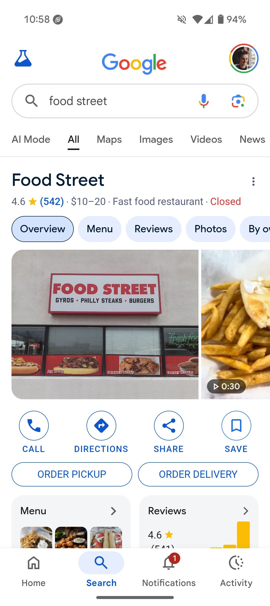 Resultado da pesquisa do Google para um restaurante.