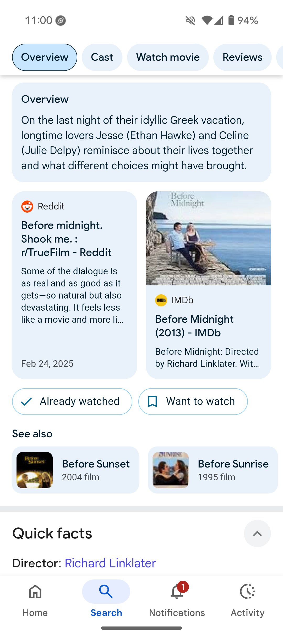 Resultado da pesquisa do Google para o filme "Antes da meia -noite."