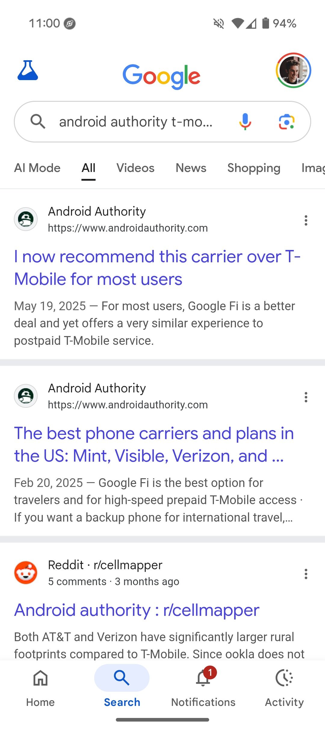 Resultado da pesquisa do Google Procurando links para a autoridade Android sobre alternativas da T-Mobile.