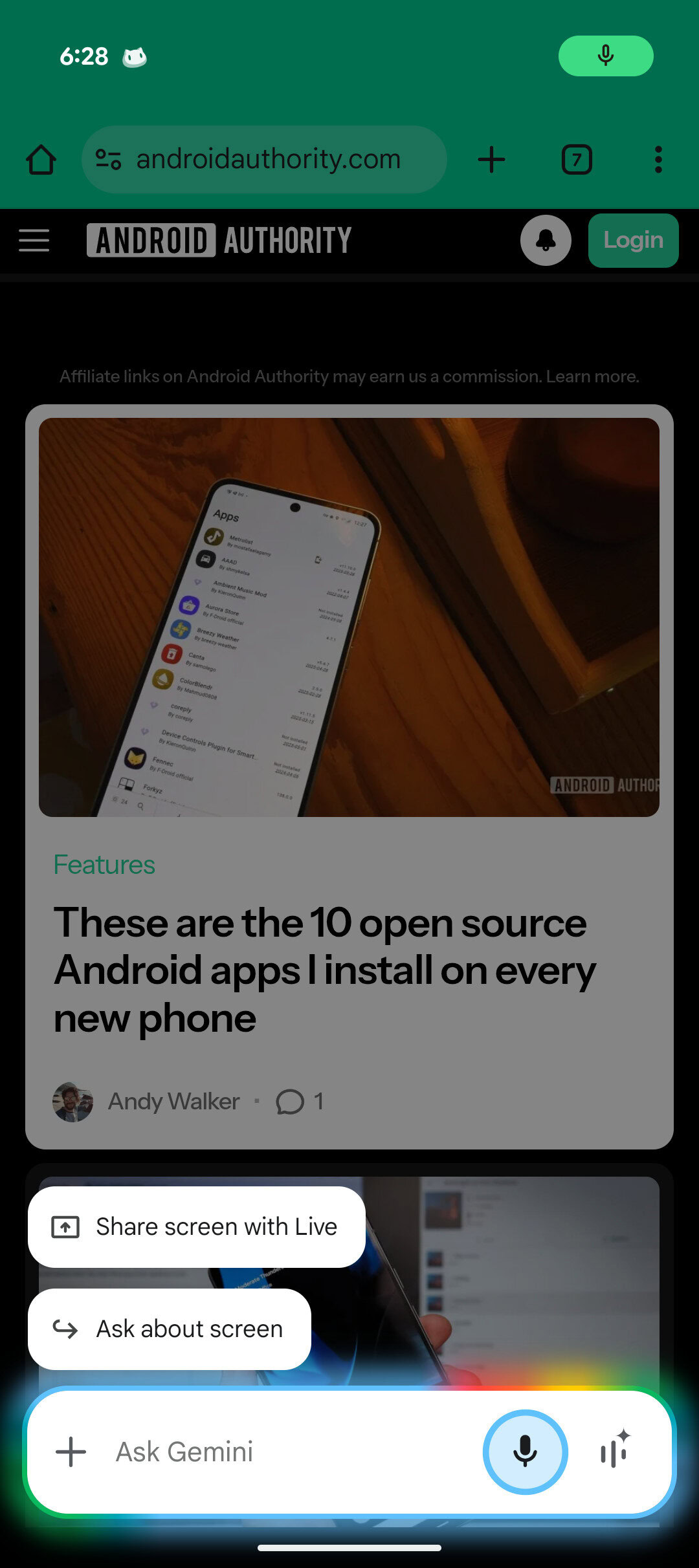 Uma captura de tela das novas cores de sobreposição de Gêmeos em um Android com o site da Android Authority na tela.