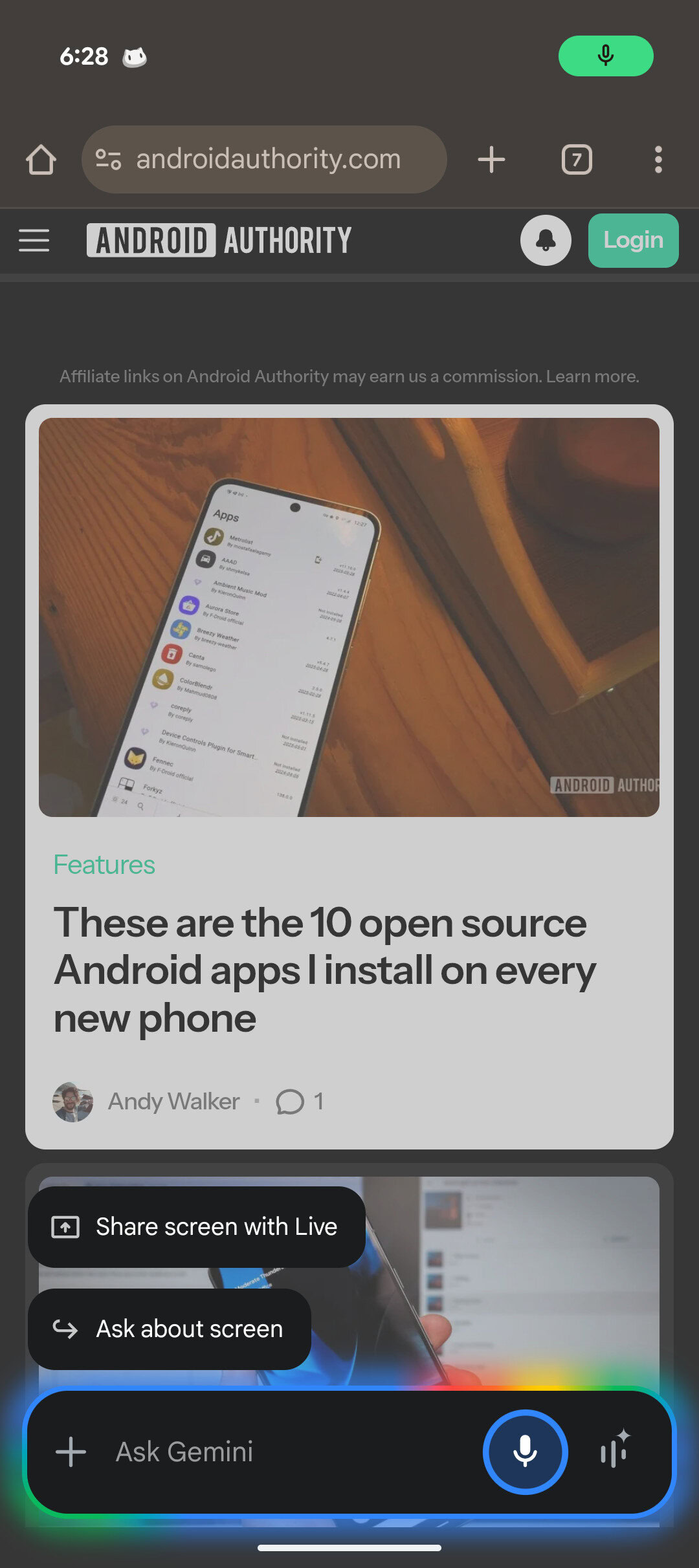 Uma captura de tela das cores da sobreposição de Gêmeos em um Android com o site da Android Authority na tela.