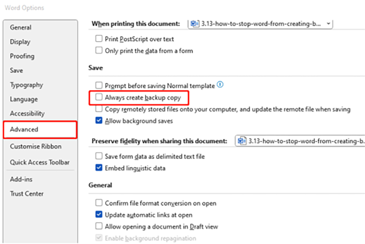 Ativar sempre Crie uma cópia de backup