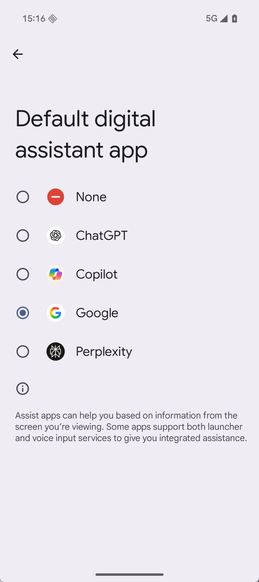 Página de aplicativo de assistente digital atual atual no Android 16