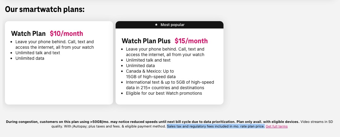 Captura de tela dos planos de smartwatch da T-Mobile em junho de 2025.