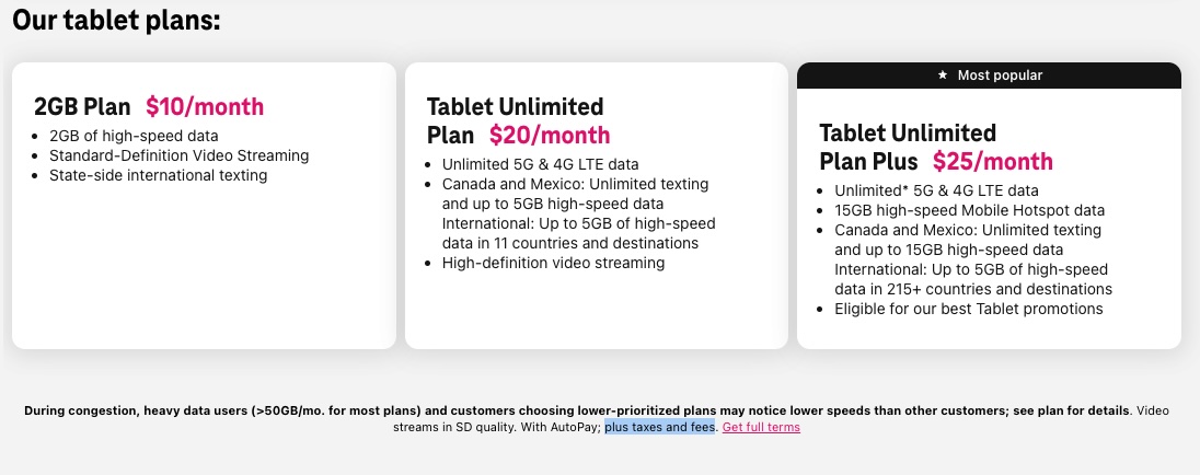 Captura de tela dos planos de tablets da T-Mobile em junho de 2025.