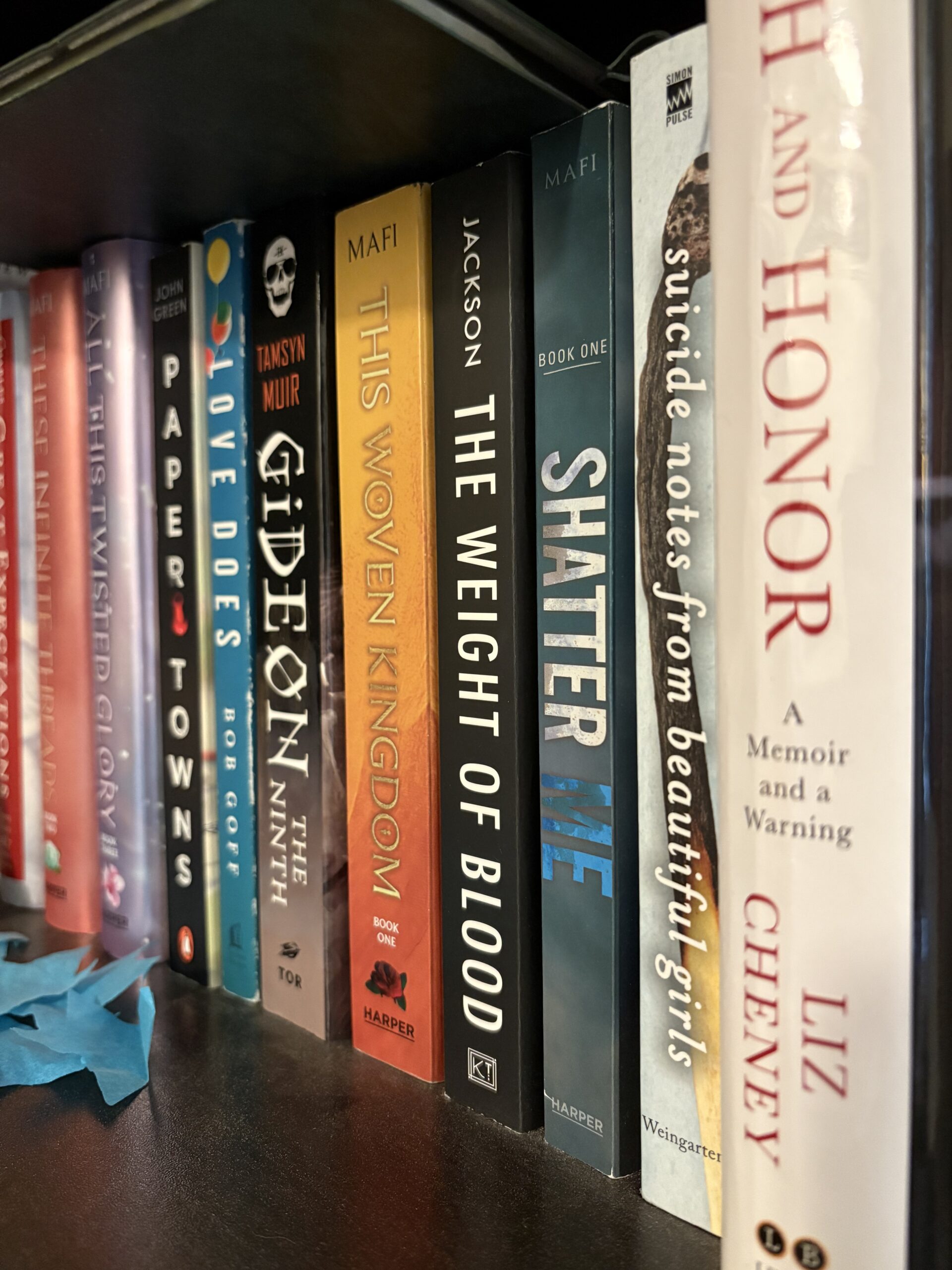 Fotos de livros em uma estante de livros, tirada com o aplicativo da Apple Camera.