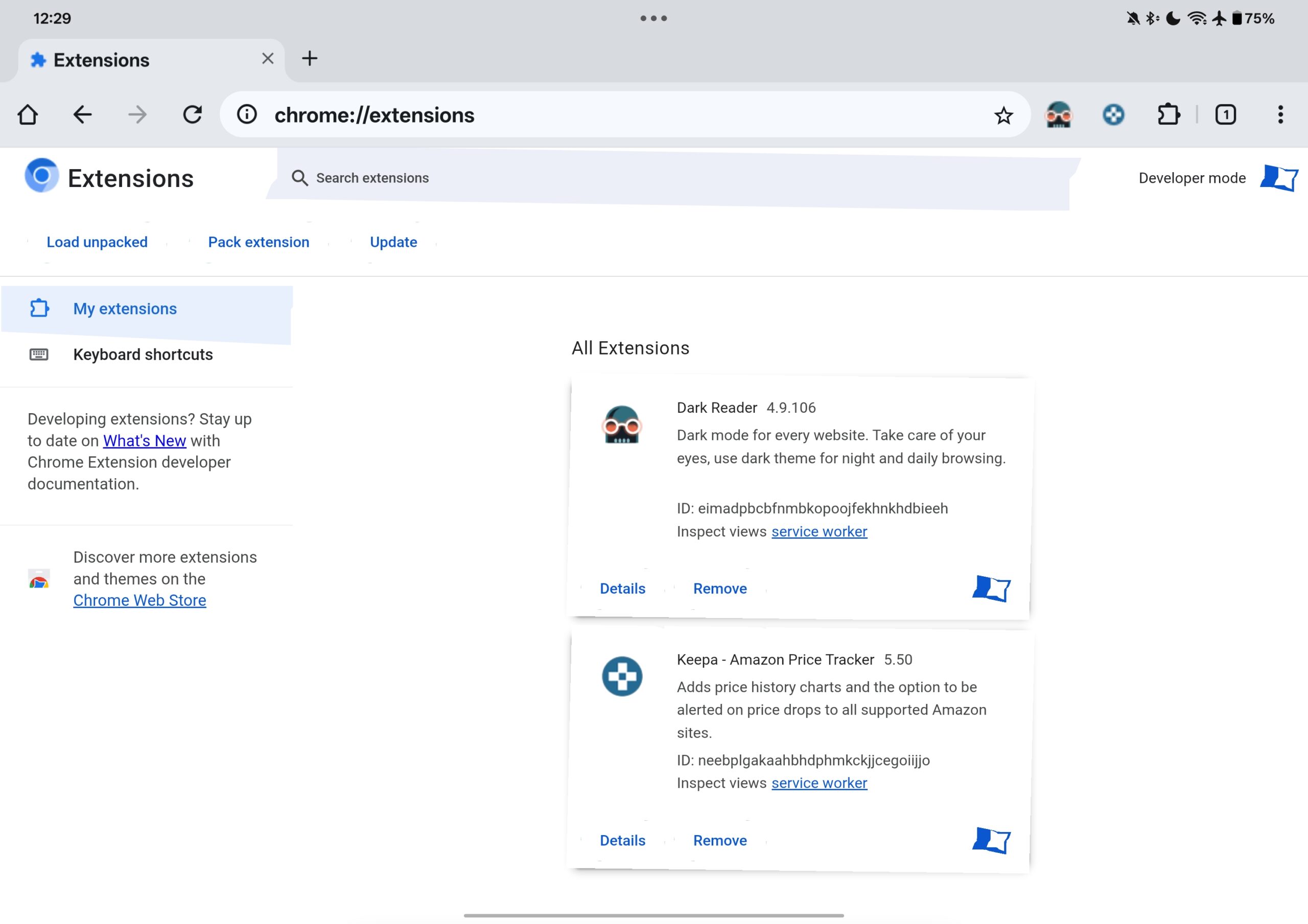 Página de extensões do Chrome