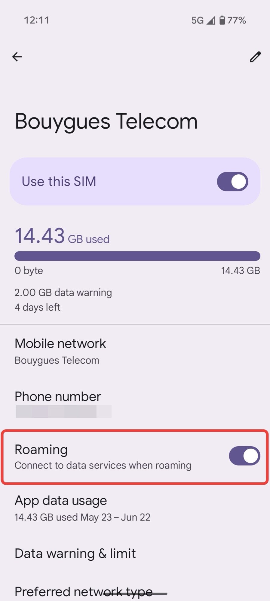 Configurações de captura de tela Android Sim Roaming