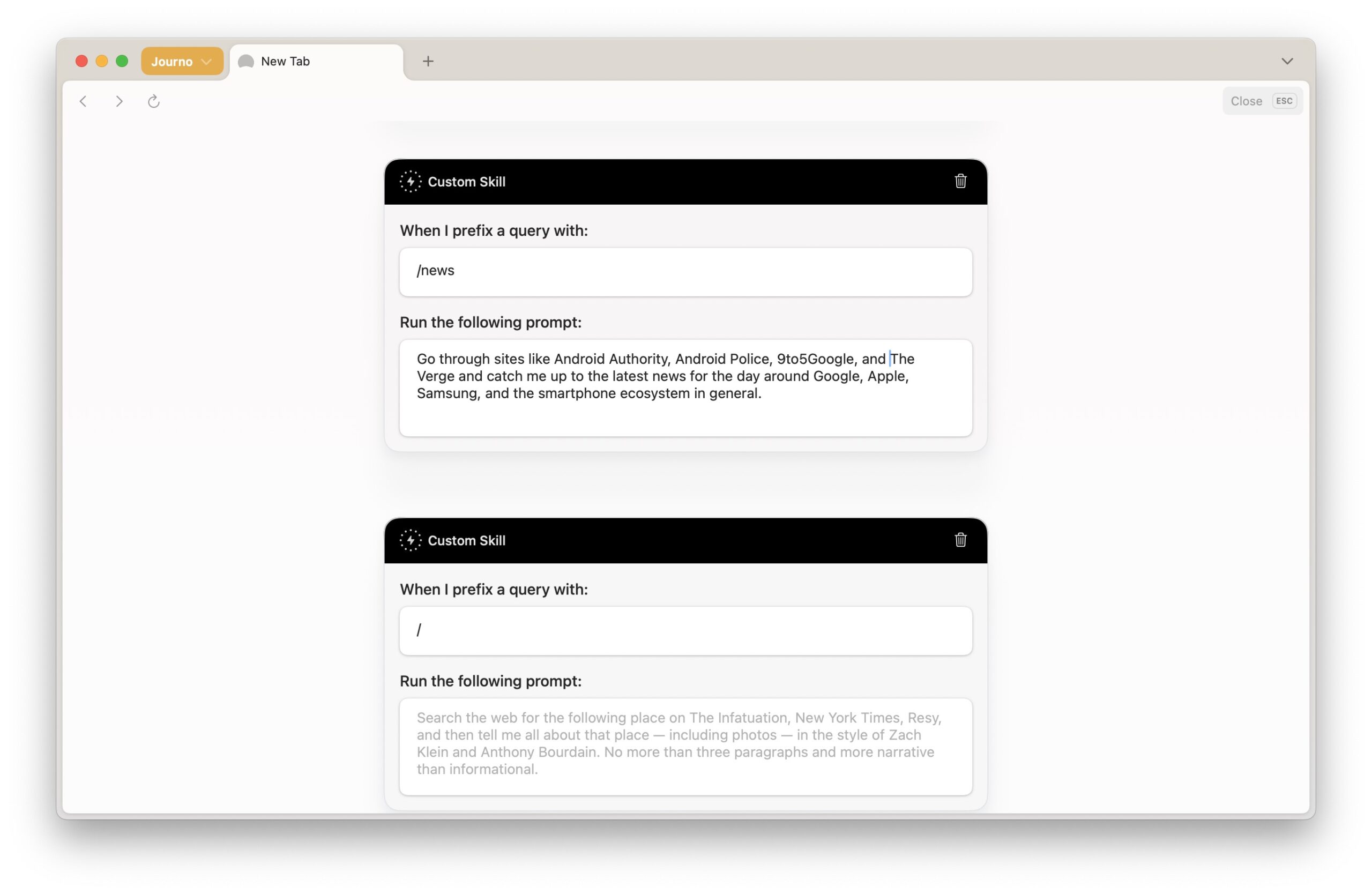 Habilidades do navegador DIA na página de configurações