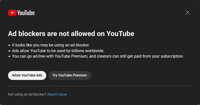 Aviso de bloqueador de anúncios do YouTube