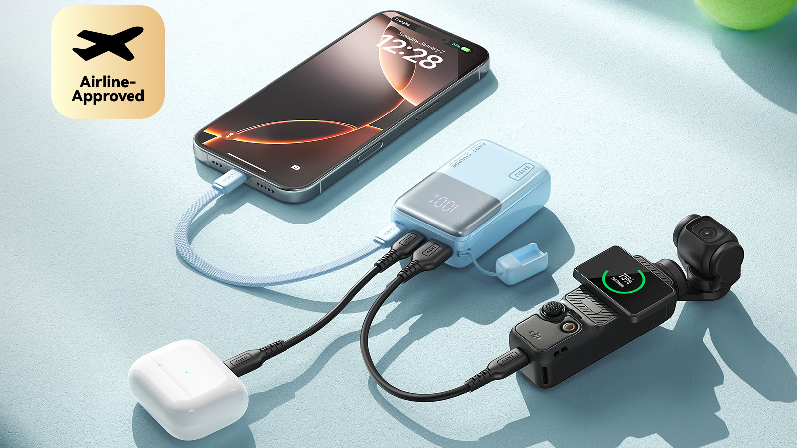 INIU Pocket Rocket P50 Power Bank cobrando vários dispositivos