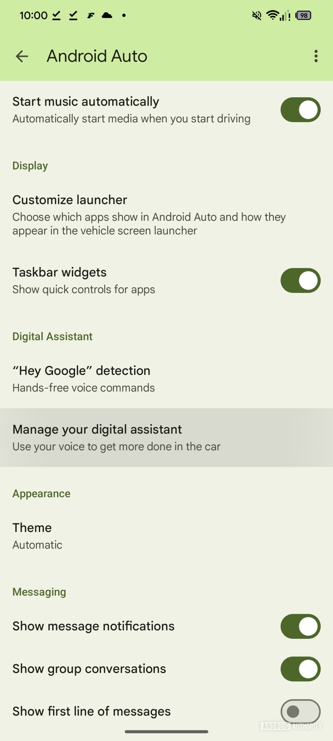 Configurações do Android Auto se preparando para Gêmeos
