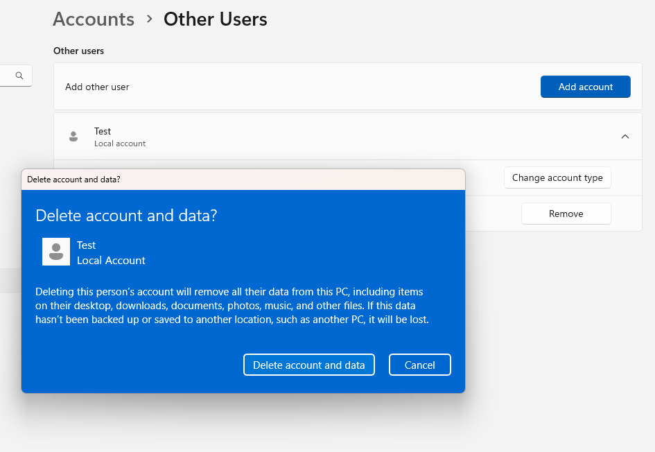 Microsoft excluir uma conta local