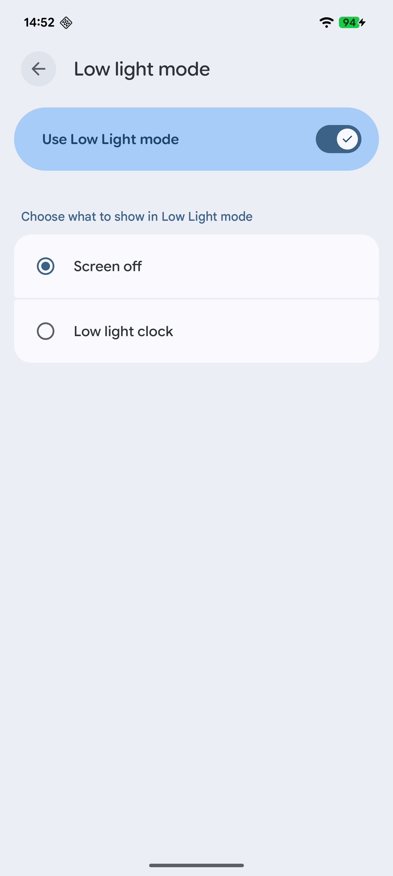 Opções do modo de baixa luz para economia de tela no Android Canary Build