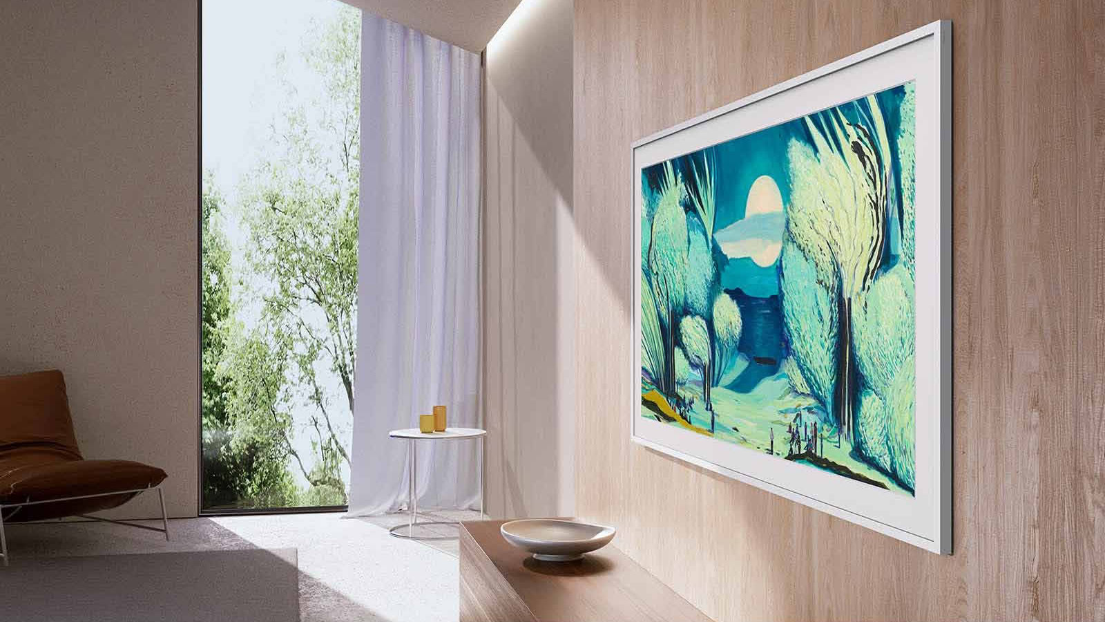 Samsung the Frame LS03fa TV inteligente de 65 polegadas na parede mostrando arte Samsung the Frame LS03fa TV inteligente de 65 polegadas na parede mostrando arte
