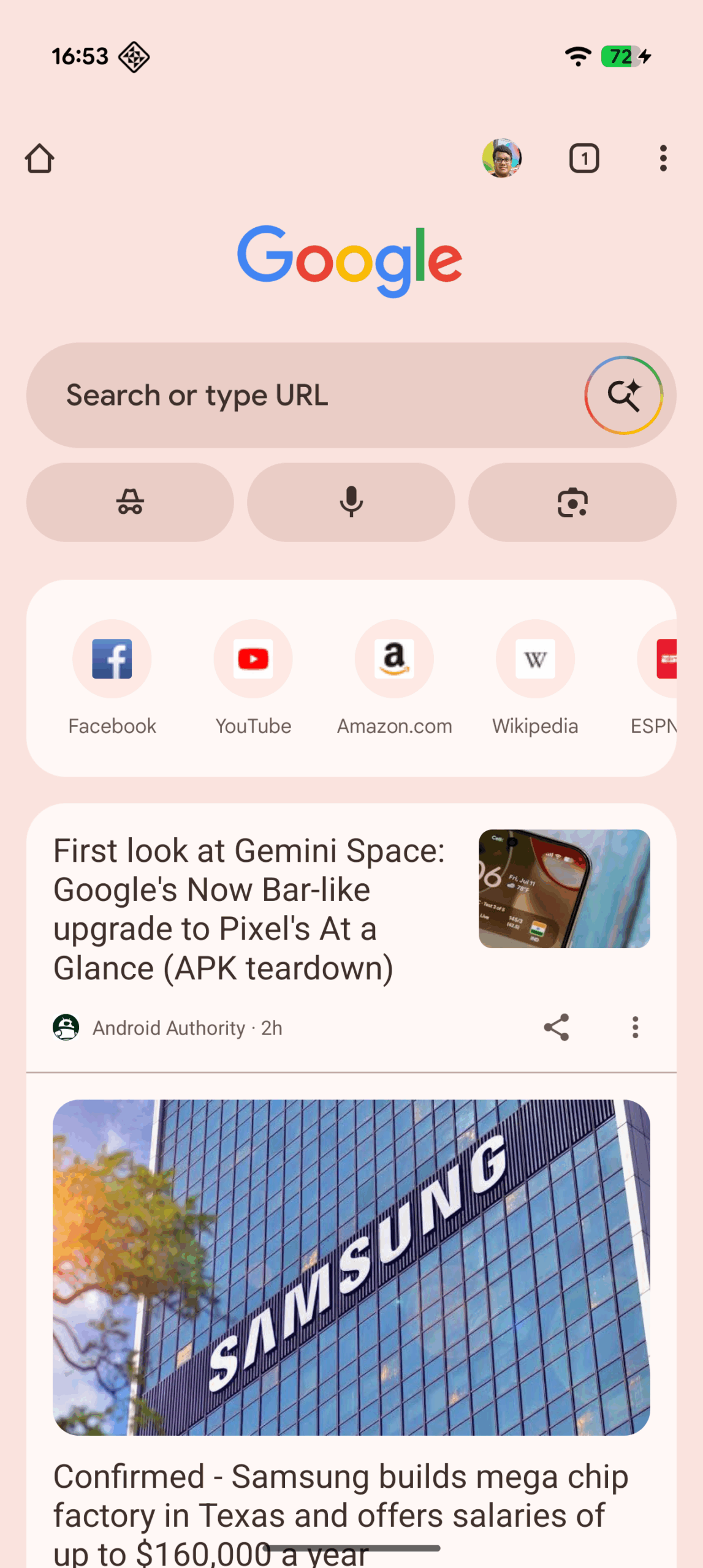 Outra versão da nova barra de pesquisa de página de guia no Chrome para Android