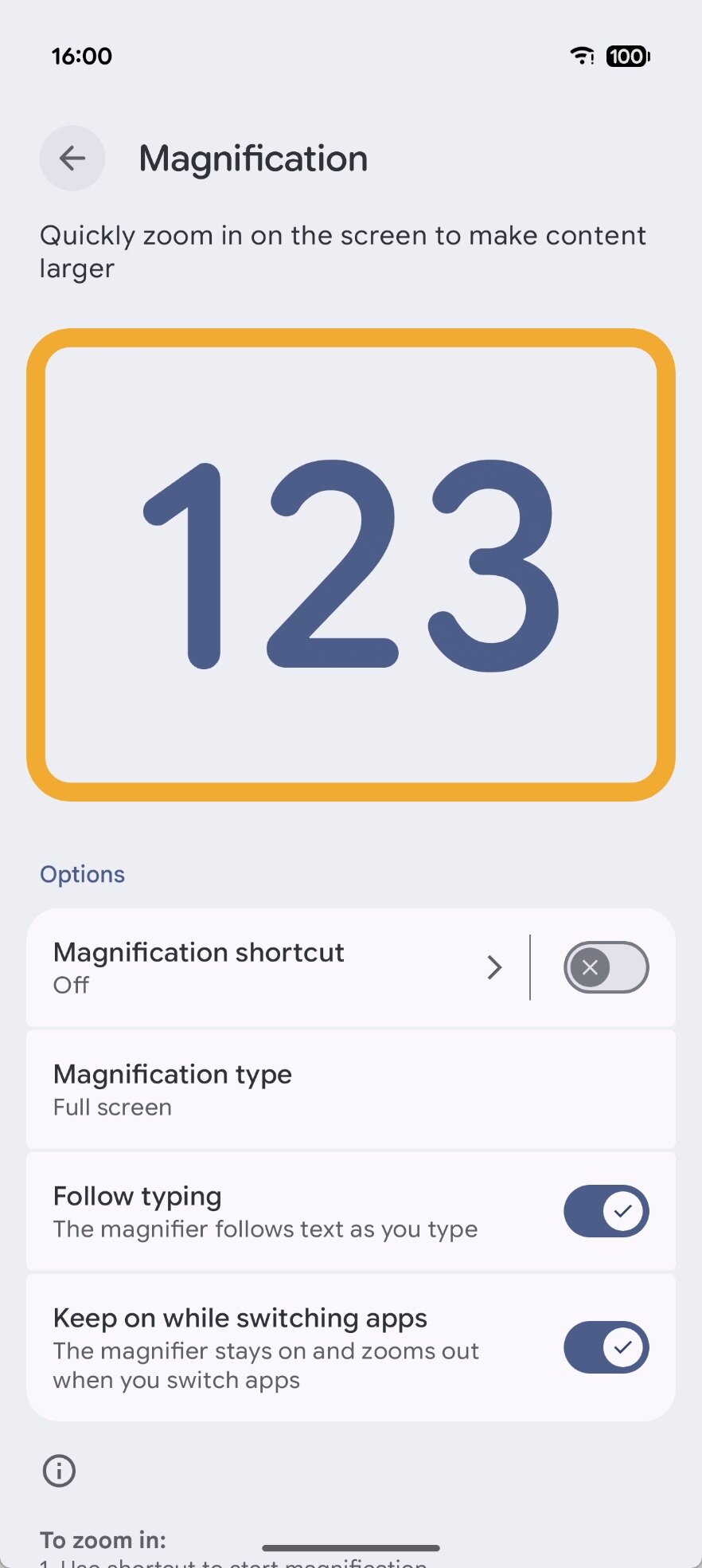 Opções de ampliação da tela no Android 16 QPR1