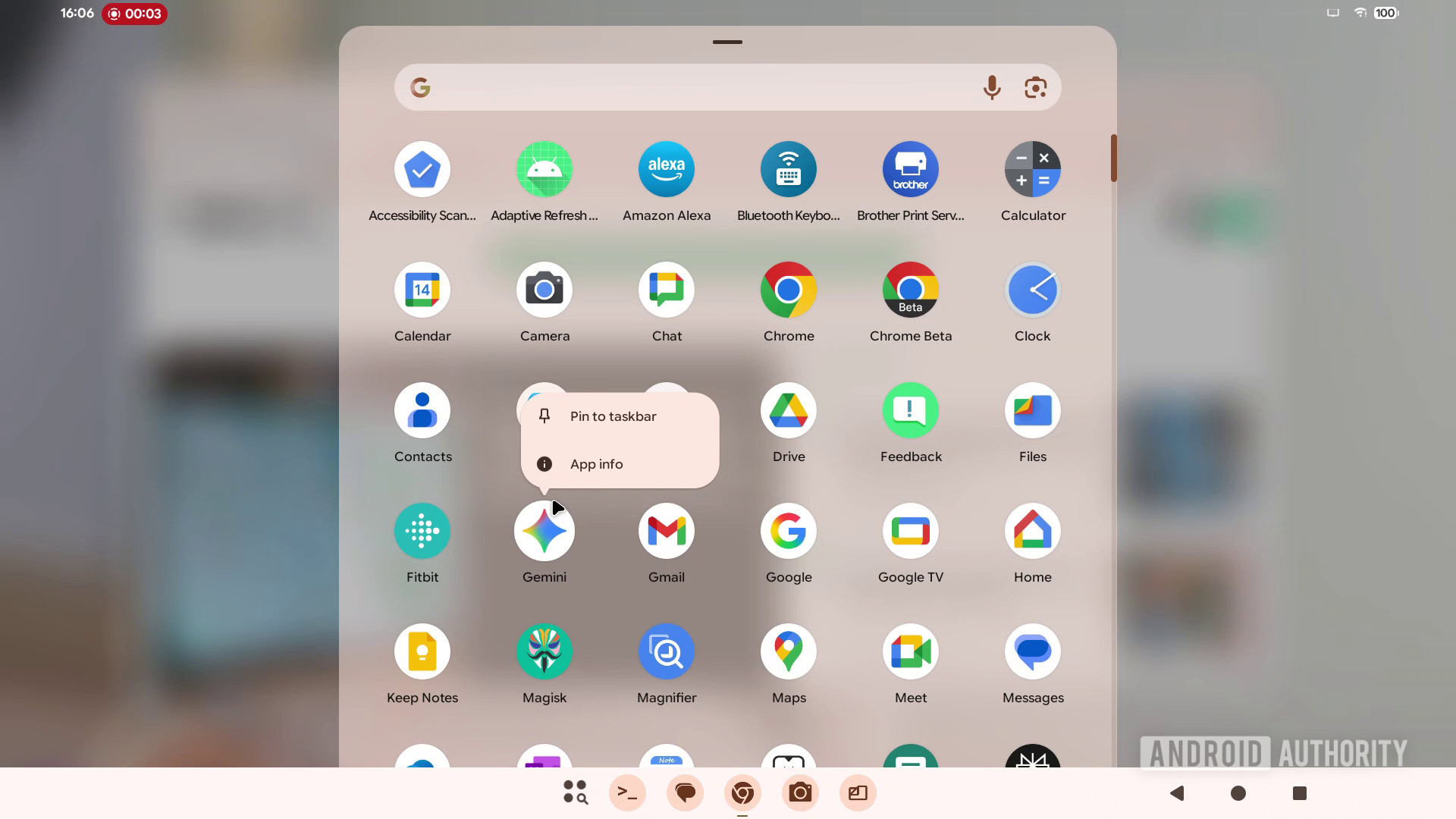 Opção Pin to TaskBar no menu de contexto do lançador de desktop