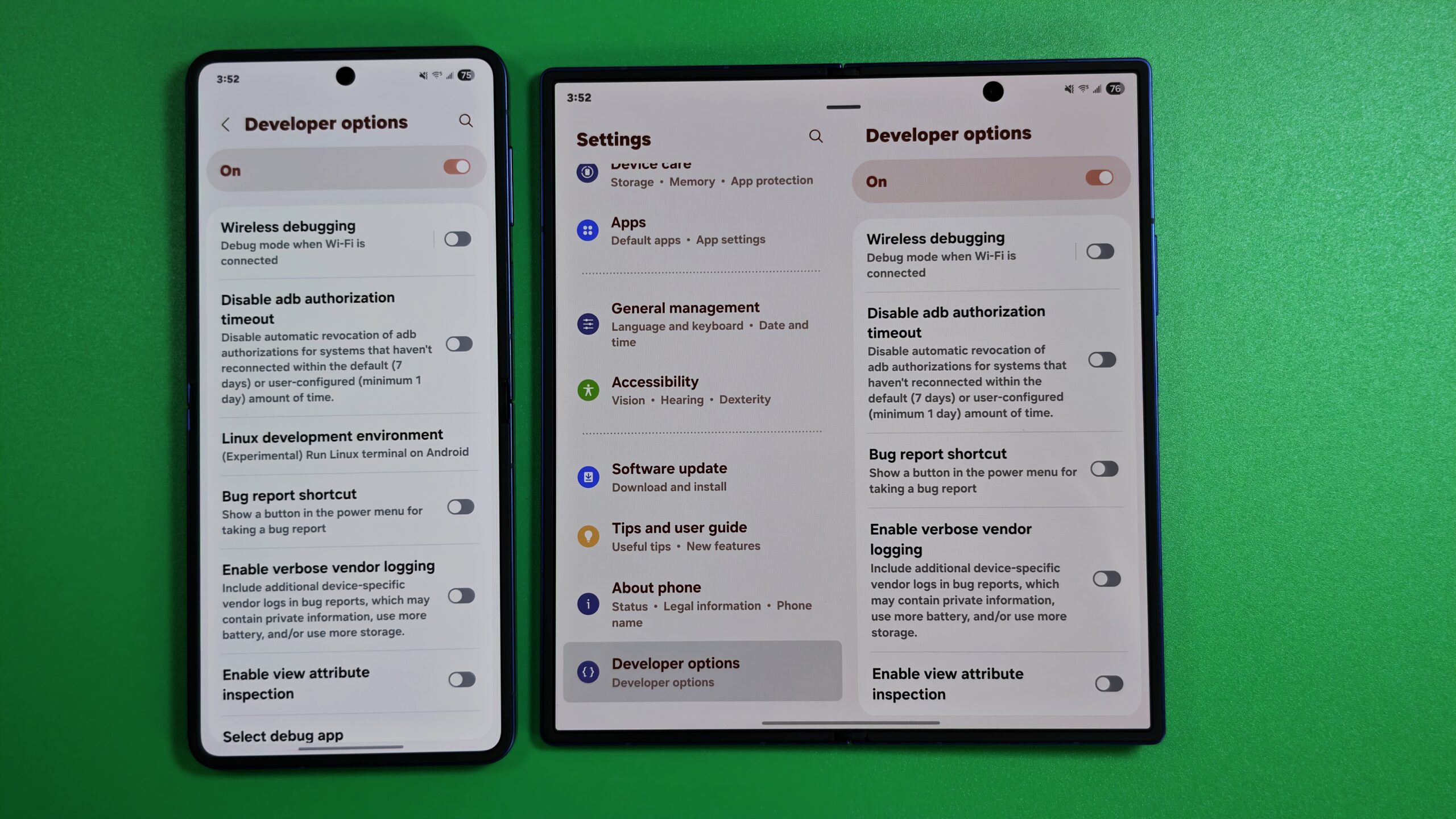 Opção de desenvolvedor do ambiente do terminal Linux no Galaxy Z Flip 7, mas não z dobra 7