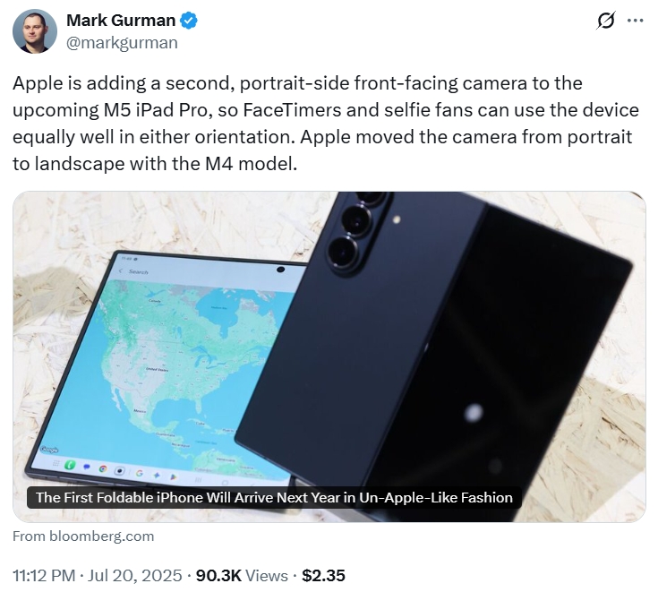 Mark Gurman no iPad Pro M5 recebendo uma segunda câmera frontal Mark Gurman no iPad Pro M5 recebendo uma segunda câmera frontal