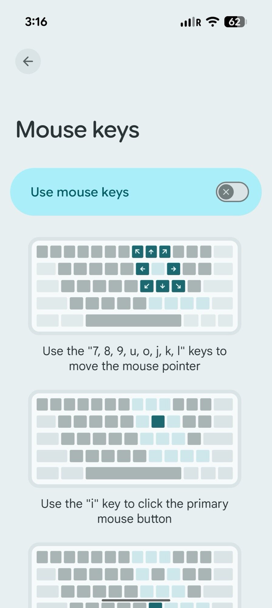 Captura de tela Android Configurações de teclado físico Mouse de acessibilidade