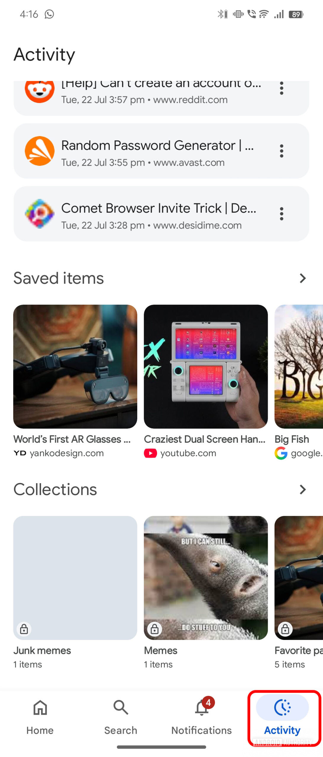 Google App Activity Salva e coleções
