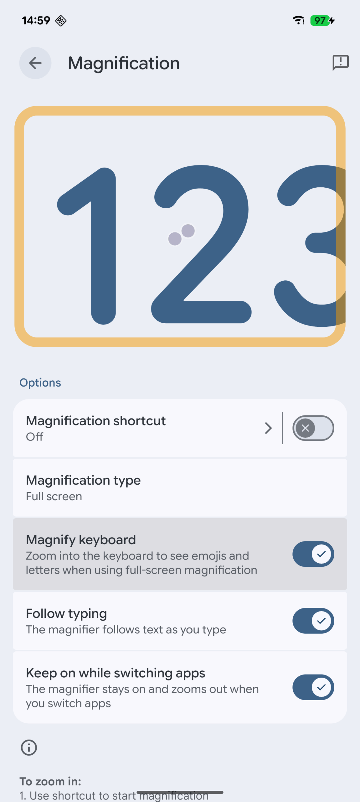 Amplie a opção de acessibilidade do teclado no Android July Canary Build