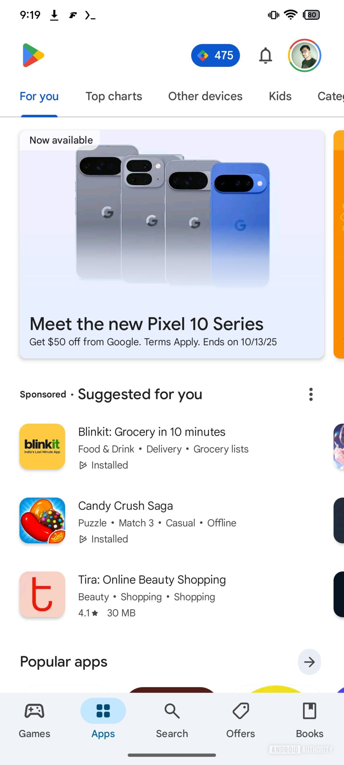 Aplicativo da loja de play da série Pixel 10