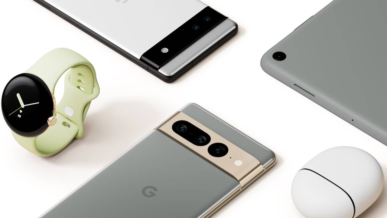 Google Pixel Ecossistema com Pixel 7, Pixel Watch, Pixel Buds Pro, Pixel Tablet em cinza e verde