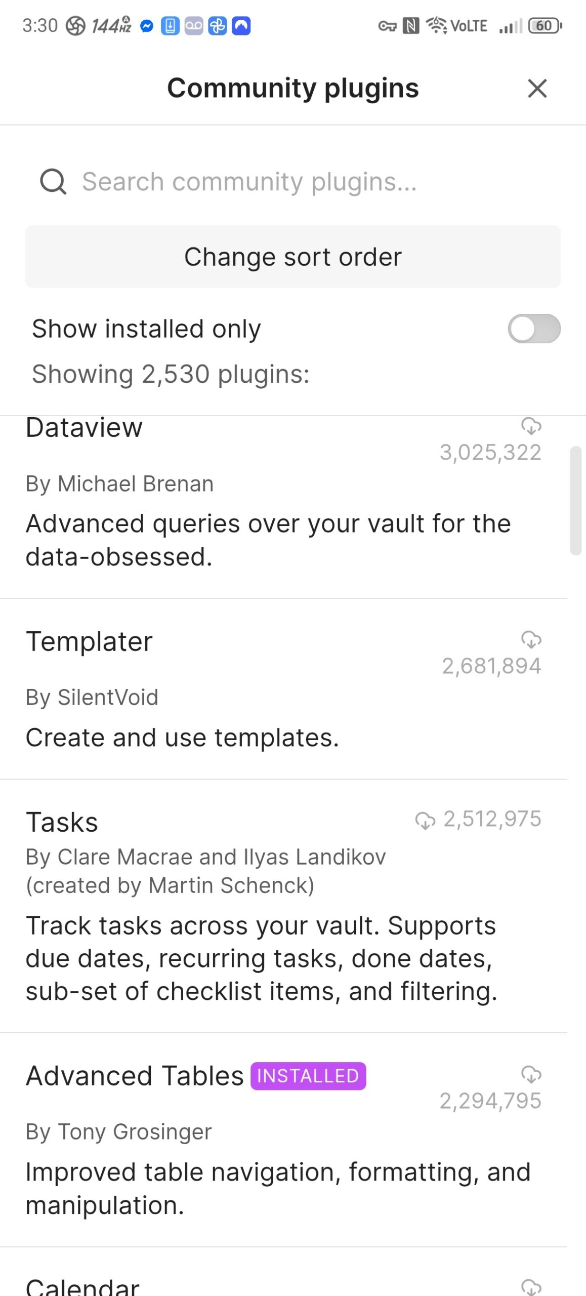 Uma captura de tela do menu Plugins da Comunidade Obsidiana.