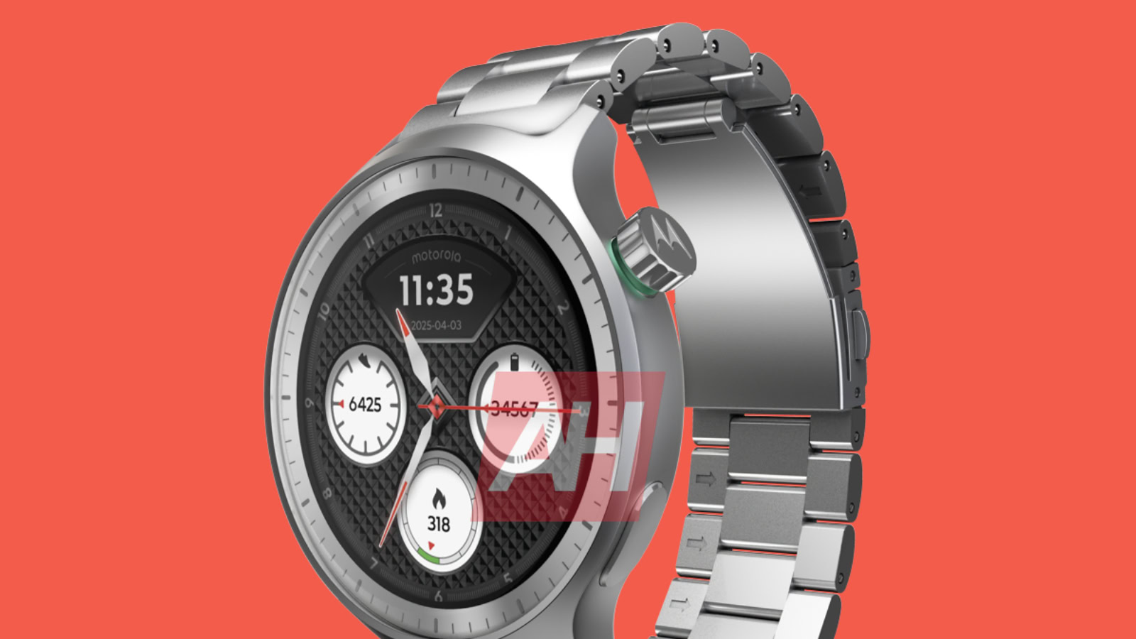 Renderização do Moto 360 (2025) contra um fundo laranja/vermelho.