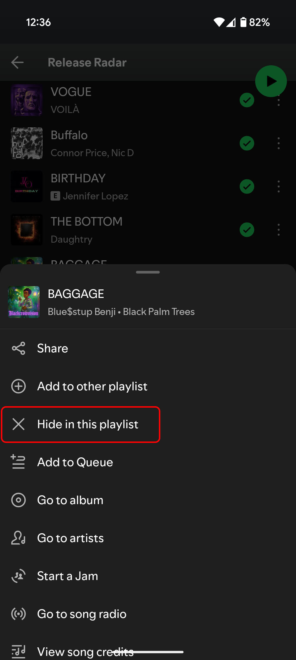 Spotify Hide música na lista de reprodução 1