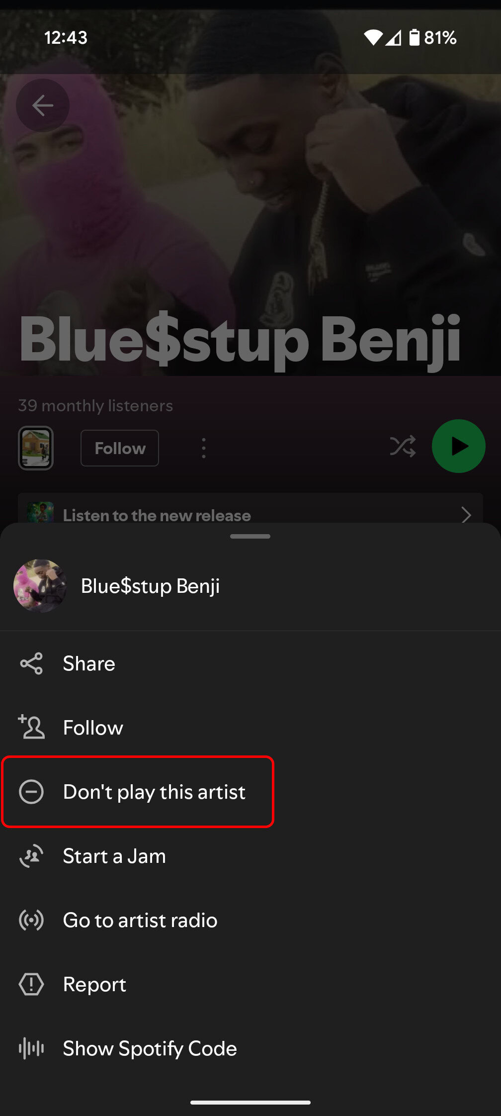 spotify não jogue artista