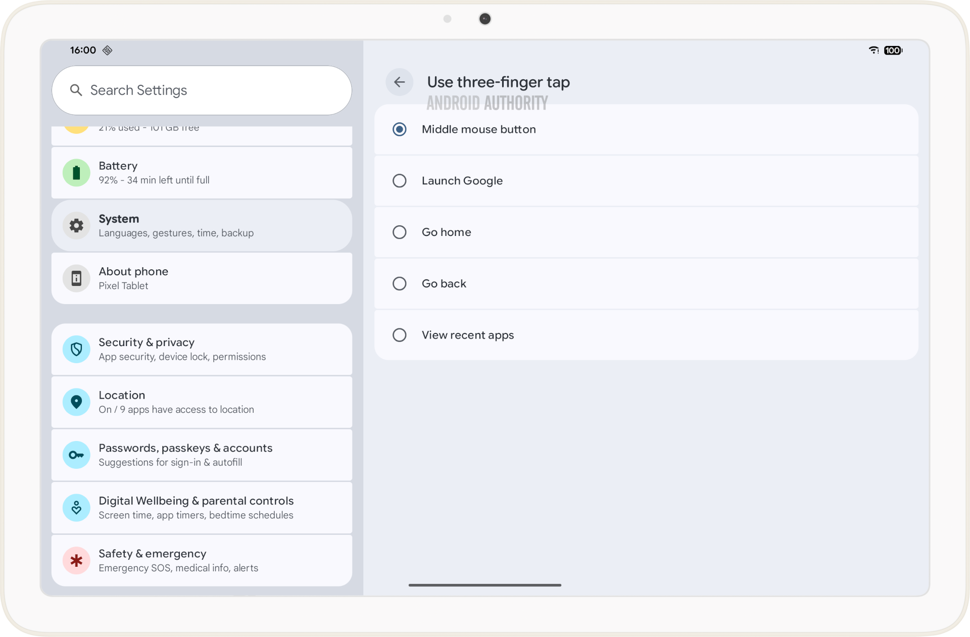 Toque de três dedos Touchpad Gesto Configurações no Android 16 QPR1