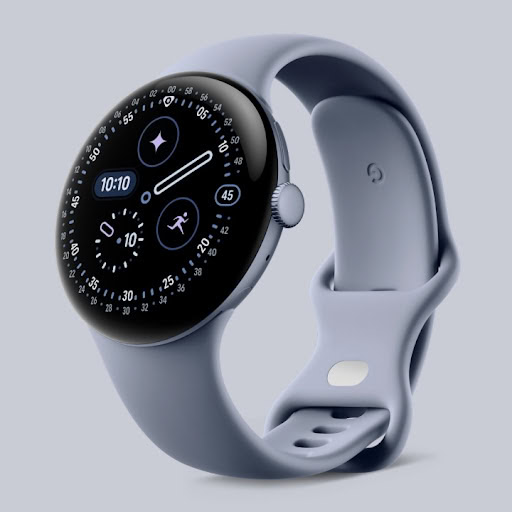 Pixel Watch 4 45mm com estojo de alumínio da pedra de cetim e banda ativa da pedra de lua