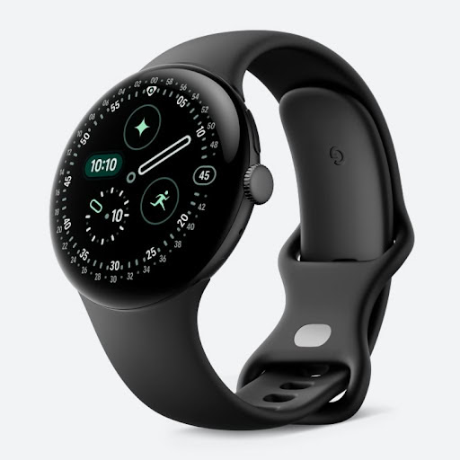 Pixel Watch 4 45mm com estojo de alumínio preto fosco e obsidiana banda ativa