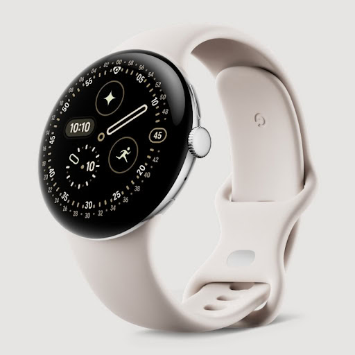 Pixel Watch 4 45mm com estojo de alumínio prateado polido e banda de porcelana ativa