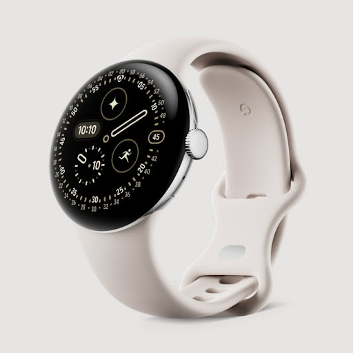 Pixel Watch 4 41mm com estojo de alumínio prateado polido e banda ativa de porcelana